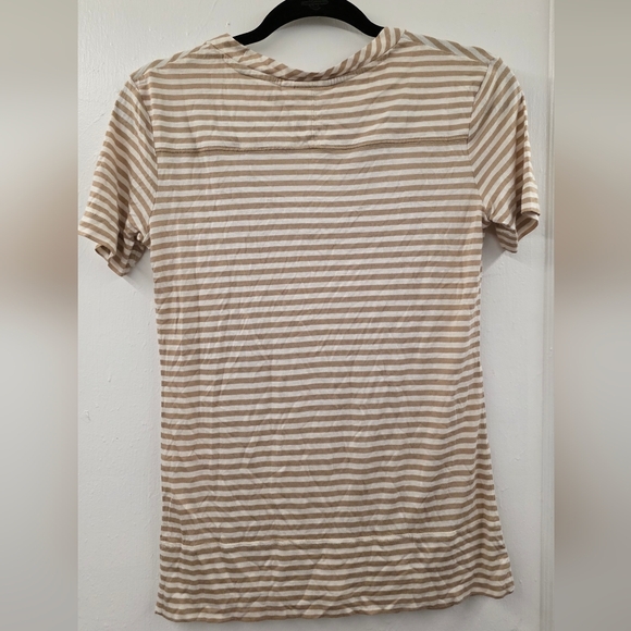 Tory Burch Striped V-Neck T-Shirt embroidered sleeve logo XS - Picture 2 of 6